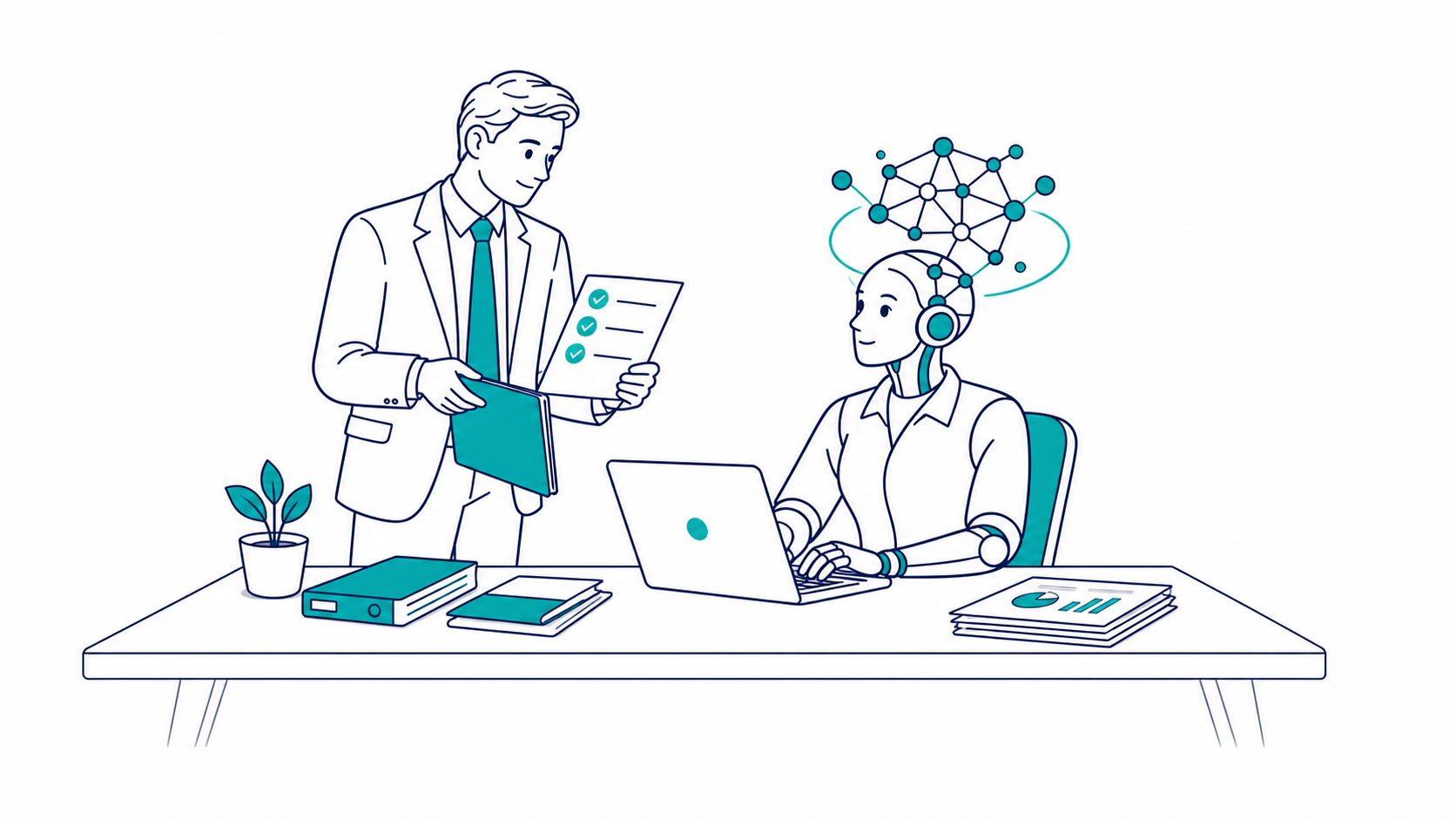A professional manager reviewing work with an AI colleague at a desk.