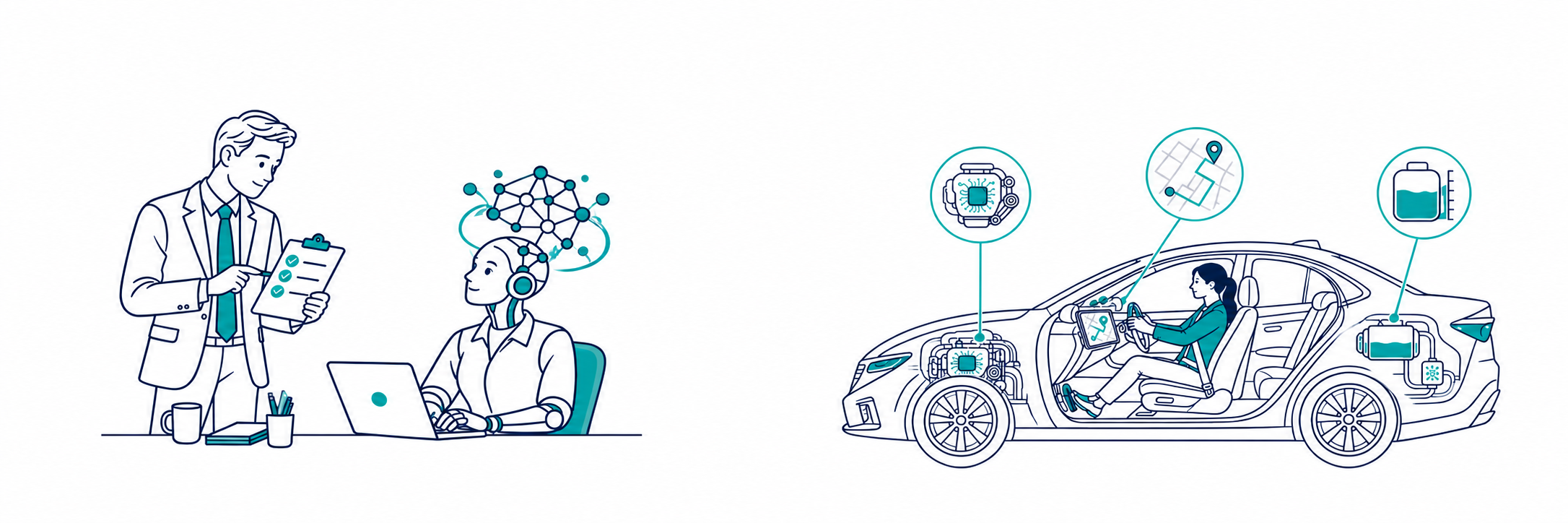 A professional supervises an AI colleague while a driver controls the wider AI system.