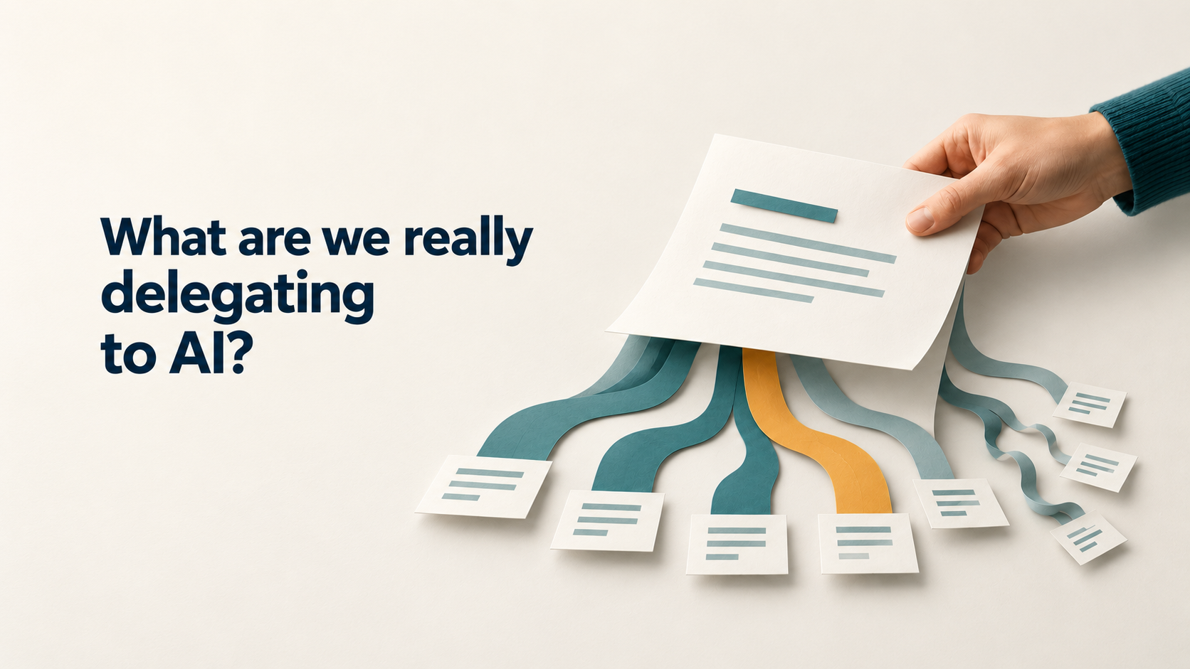 A hand passes over a document with branching paths beneath it, illustrating the choices that accompany delegated work.
